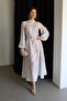 White Full-Length Button-Down Mock Neck Patterned Belted Midi Length Premium Design Linen Dress - 2