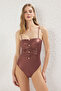 Metallic Strapless Swimsuit with Gold Accessories and Drawstring Detail