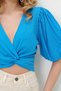 Women's Blue V-Neck Knot Detail Hidden Zipper Balloon Sleeve Woven Blouse Alc-X13693 - 6
