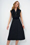Black Ruffled Front Belted Poplin Woven Dress Alc-X11609 - 2