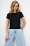 Women's Black Crew Neck Bow Decorated Crop Blouse Alc-X13671