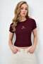 Women's Burgundy Crew Neck Teddy Bear Printed Crop Blouse Alc-X13672