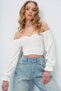 Women's White Kiss Collar Front Gathered Crop Sandy Blouse Alc-X13742 - 2