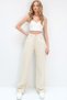 Beige High Waist Five-Pocket Wide Leg Summer Gabardine Trousers Alc-X13761 - 3