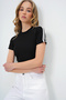 Women's Black Crew Neck Striped Shoulder Ottoban Crop Blouse Alc-X13730