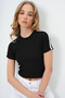 Women's Black Crew Neck Striped Shoulder Ottoban Crop Blouse Alc-X13730 - 6