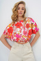 Women's Coral Boat Neck Floral Pattern Woven Wrinkle Summer Crop Blouse Alc-X13795