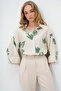 Women's Green Beige Double Cuff Leaf Patterned Woven Shirt Alc-X13785 - 5