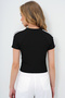 Women's Black Crew Neck Striped Shoulder Ottoban Crop Blouse Alc-X13730 - 7