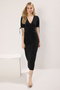 Black V-Neck Button Detailed Gathered Skater/Stretchy Midi Knitted Dress with Opening Waist