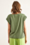 Women's Green Silver Stitching Detailed V-Neck Knitted Viscose Blouse Blz-19002659 - 2