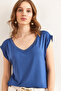 Women's Indigo Silver Stitching Detailed V-Neck Knitted Viscose Blouse Blz-19002659 - 3