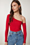 Women's Red Navy Blue Open Shoulder Ribbed 2-Piece Knitted Blouse Tg00013 - 6