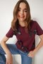 Women's Burgundy Bow Cotton Knitted T-Shirt Cr00453 - 2