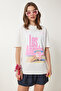 Women's Ecru Printed Cotton Oversize Knitted T-Shirt Cr00446 - 3