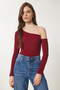 Women's Burgundy Open Shoulder Corduroy Knitted Blouse TG00011 - 4