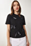 Women's Black Bow Cotton Knitted T-Shirt Cr00453 - 3