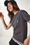 Women's Anthracite Teddy Bear Embroidered Cotton Knitted T-Shirt Cr00455 - 2