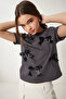 Women's Anthracite Bow Cotton Knitted T-Shirt Cr00453 - 2
