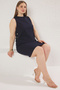 Navy Blue Mini Gold Button Sleeveless Woven Plus Size Dress Tbbss25Ah00169