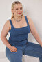 Mavi Kare Yaka Askılı Crop Comfort/Orta Esnek Denim Büyük Beden Bluz TBBSS25AF00103