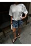 Denim Mini Denim Shorts Skirt with Cargo Pocket and Belt - 2