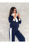 Soft Texture Plain Line Turn-Down Collar Tracksuit Set with Side Stripes - 3