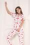 Women's White Buttoned Ribbed Knitted Short Sleeve Red Little Heart Pajama Set - 3