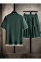 Men's Large Size New Season 100% Cotton White Detailed T-Shirt Shorts Set - 2