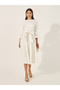 Boat Neck Waist Tie-Up A-Line Midi Dress with 3/4th Sleeves - 2