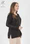 Women's Black Straight Striped Stoned Slit Lycra Viscose Mother Combed Cotton Blouse - 2