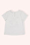 Baby Girl Crew Neck Printed Ecru T-Shirt with Drop and Buttons on the Back - 3