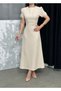 Women's Crepe Fabric Beige Watermelon Sleeve Evening Dress - 4
