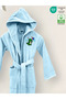 Children's Bathrobe 100% Cotton Certified, Velvet Outside, Towel Inside, Absorbent and Soft - Dinosaur Blue - 4