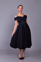 Black Floral Tulle Detail Off-Shoulder Strap Boat Neck Midi Length Flared Evening Dress - 4