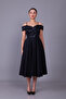 Black Floral Tulle Detail Off-Shoulder Strap Boat Neck Midi Length Flared Evening Dress - 3
