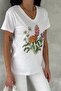 Women's White V-Neck Flower Pattern Sequin Embroidered 100% Cotton T-Shirt - 6