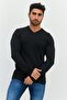 Men V-Neck Long Sleeve Textured Sweatshirt, Black