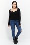 Women Horseshoe Neckline Long Sleeves Ribbed Top, Black - 3