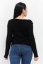Women Horseshoe Neckline Long Sleeves Ribbed Top, Black - 2