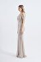 Victoria |   Sequined Sheer Straps Low Sleeve Maxi Fish Evening Dress - Beige - 4
