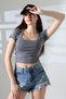 Square Collar Lycra Rib Fabric Women's T-Shirt 21804 Painted Gray