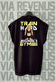 تيشيرت رياضي Train Hard / Android's Gym مطبوع من الخلف بدون أكمام ورقبة دائرية