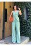 Women's Square Collar Linen Vest Pants Set Green - 3