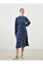Navy Blue Patterned Linen Blend Women's Shirt Dress