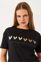 Women's Black Short Sleeve Colorful Heart Printed Basic T-Shirt 60602017 - 6