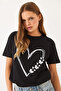 Women's Black Crew Neck Butterfly Heart Printed Short Sleeve T-Shirt 60602020 - 3
