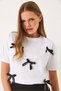 Women's White Satin Ribbon Accessory Stone Detailed T-Shirt 60602011 - 5