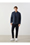 Navy Blue Standard Fit Biker Collar Quilted Men's Coat - 2