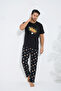 Black Patterned Cotton Crew Neck Printed Short Sleeve Knitted Pajama Set - 2